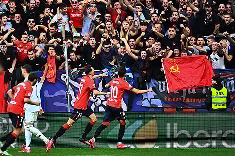 La Liga  2024-25: Osasuna's Ante Budimir celebrates with Aimar Oroz after scoring his side's first goal