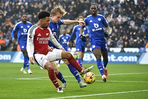 Premier League 2024-25: Arsenal's Ethan Nwaneri challenges for the ball with Leicester's Victor Kristiansen