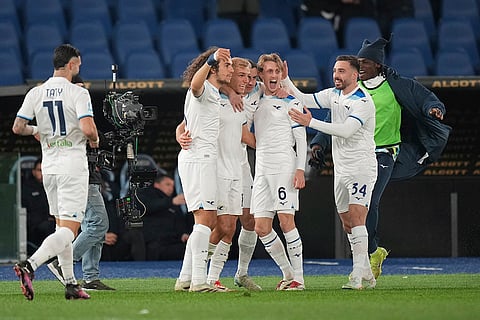 Serie A 2024-25: Lazio's Gustav Isaksen is congratulated after scoring his side's opening goal