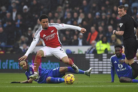 Premier League 2024-25: Leicester's Bobby Decordova-Reid challenges for the ball with Arsenal's Thomas Partey