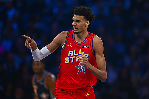 2025 NBA All Star Game: Global Stars' Victor Wembanyama (1) gestures after sinking a basket against the Young Stars