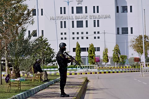 Champions Trophy 2025: Police officers stand guard outside the National Bank Stadium