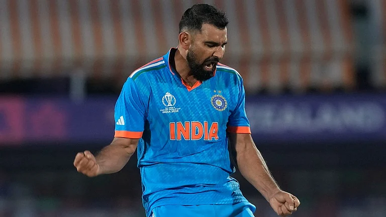 File photo of Mohammed Shami bowling at the 2023 ODI World Cup. - AP