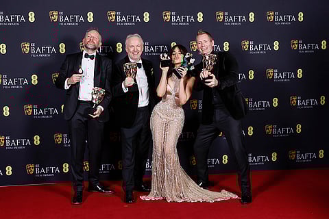 BAFTA Awards 2025: Richard Beek, from left, Nick Park, presenter Camila Cabello and Merlin Crossingham