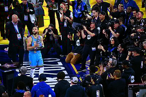 2025 NBA All Star Game: Shaq's OGs' Stephen Curry (30) poses with the MVP award