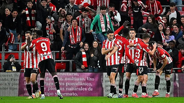 Athletic Bilbao celebrate a goal against Real Madrid in La Liga.