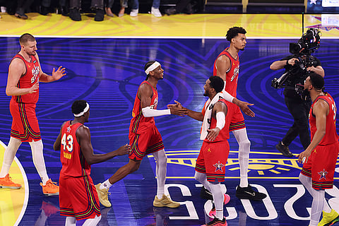 2025 NBA All Star Game: Members of Chuck's Global Stars shake hands