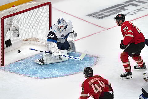 4 Nations Face-Off, Canada vs Finland: Canada's Nathan MacKinnon scores a goal