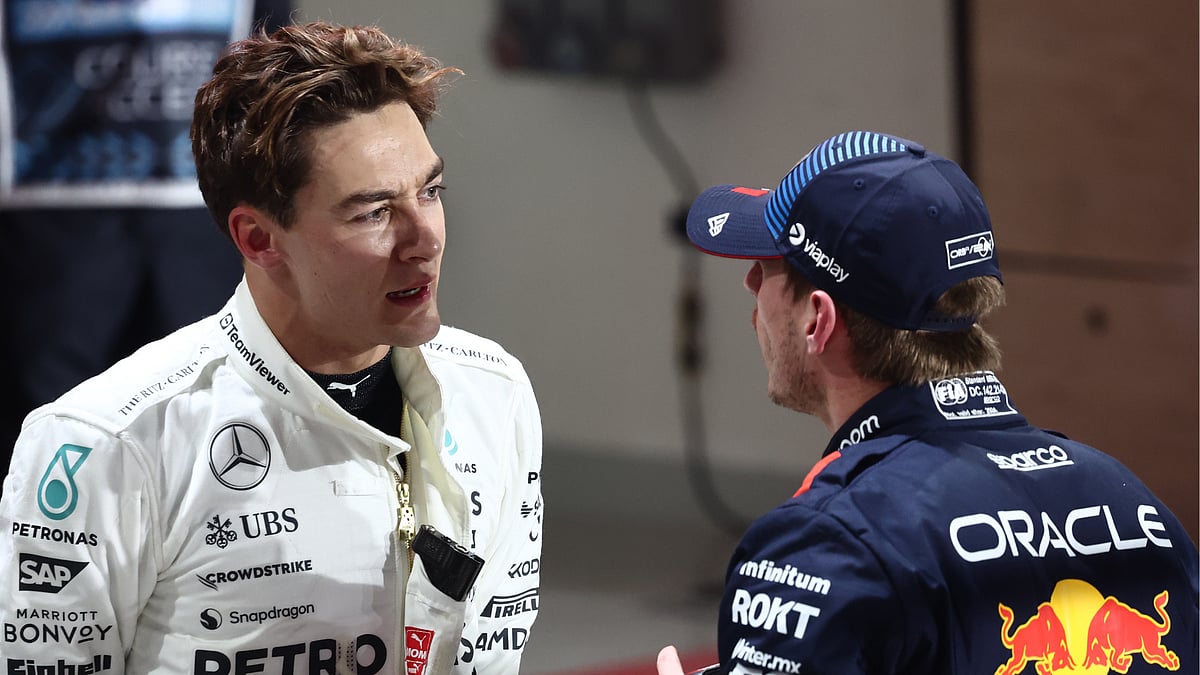 Max Verstappen and George Russell argue at the Qatar Grand Prix.