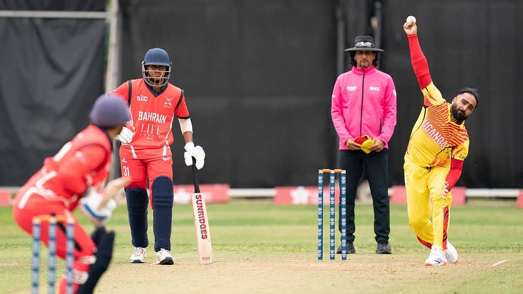 Photo: X | Uganda Cricket Association : Bahrain cricket team players batting against Uganda.