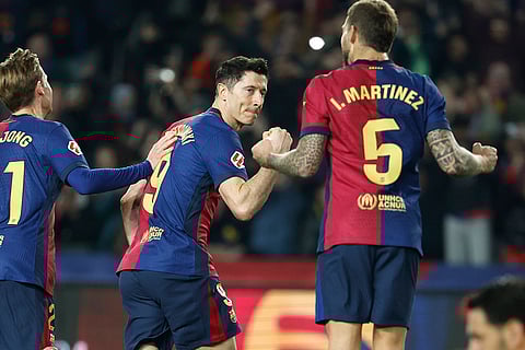 La Liga 2024-25: Barcelona's Robert Lewandowski celebrates after scoring his side's opening goal