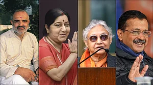 | Photo: PTI : From L To R - Sahib Singh Verma, Sushma Swaraj, Sheila Dikshit and Arvind Kejriwal