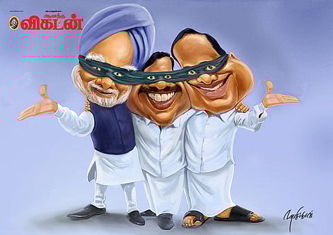 2013 cartoon after A Raja said that in the 2G matter he was not alone and that PM and FM knew everything.