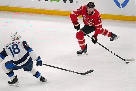 4 Nations Face-Off, Canada vs Finland: Canada's Connor McDavid (97) passes the puck