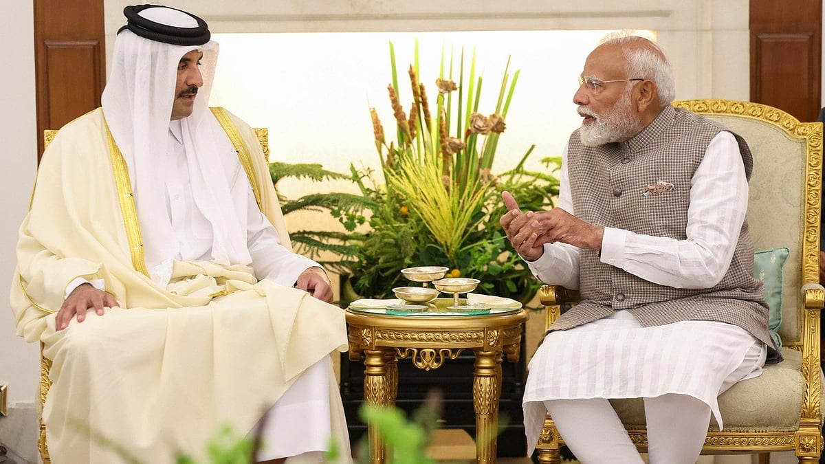 X/@narendramodi : PM Modi with Qatar's Amir Sheikh Tamim Bin Hamad Al-Thani.