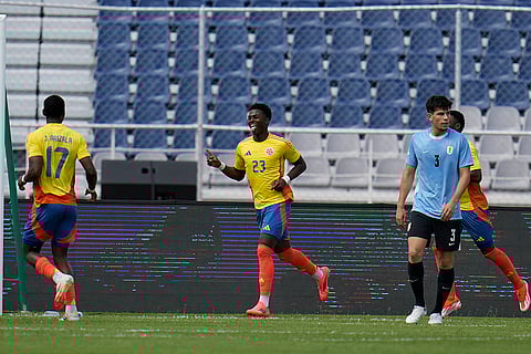South American U-20 Championship: Colombia's Neiser Villarreal celebrates scoring his side's opening goal
