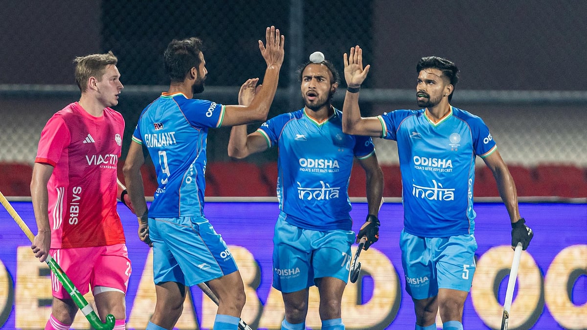 Photo: X | Hockey India : India's men's hockey team celebrating a goal against Germany in the FIH Pro League 2024-25.