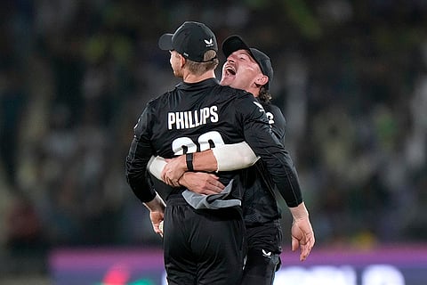 Champions Trophy 2025 Match 1, PAK vs NZ: New Zealand's Glenn Phillips celebrates after taking the catch of Pakistan's Mohammad Rizwan