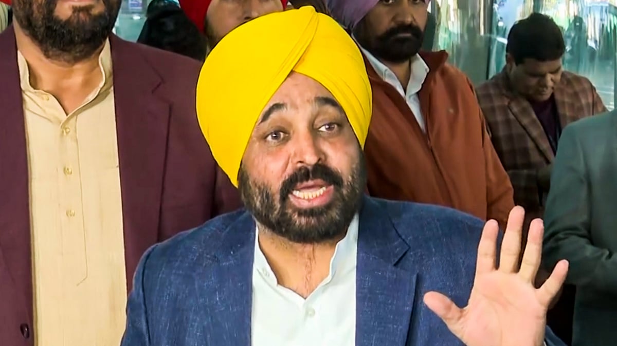 PTI : Punjab Chief Minister Bhagwant Mann during a press conference, in Amritsar, Punjab, Saturday, Feb. 15, 2025.