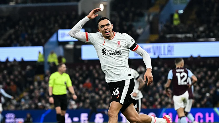 Trent Alexander-Arnold celebrates his goal against Aston Villa - null