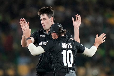 Champions Trophy 2025 Match 1, PAK vs NZ: New Zealand's Will O' Rourke celebrates with teammate after taking the wicket of Pakistan's Saud Shakeel