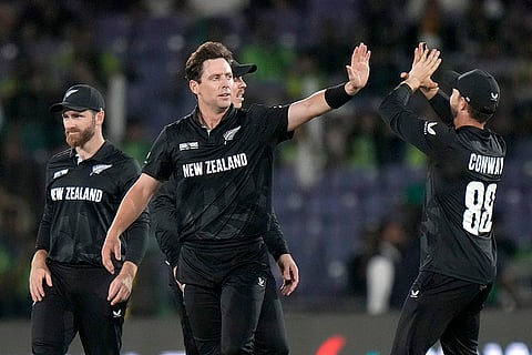 Champions Trophy 2025 Match 1, PAK vs NZ: New Zealand's Matt Henry, center, celebrates after taking the wicket of Shaheen Shah Afridi