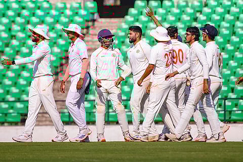 Ranji Trophy semi-final, Mumbai Vs Vidarbha: Vidarbha's Parth Rekhade celebrates after taking the wicket of Mumbai's Suryakumar Yadav