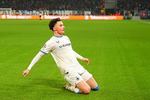 Champions League Soccer playoff second leg: Brugge's Chemsdine Talbi celebrates after scoring his side's second goal