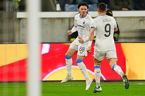 Champions League Soccer playoff second leg: Brugge's Chemsdine Talbi celebrates after scoring the opening goal