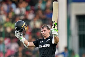 | Photo: AP/Anjum Naveed : Champions Trophy 2025 Match 1, PAK vs NZ: New Zealand's Tom Latham celebrates after scoring century