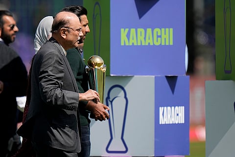 Champions Trophy 2025 Match 1, PAK vs NZ: Pakistan's President Asif Ali Zardari with former Pakistani skipper Sarfraz Ahmed arrive with trophy