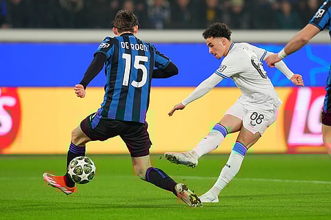 Champions League Soccer playoff second leg: Brugge's Chemsdine Talbi, right, scores the opening goal