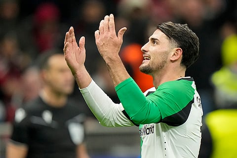 Champions League Soccer playoff second leg: Feyenoord's Julian Carranza celebrates after scoring his side's first goal