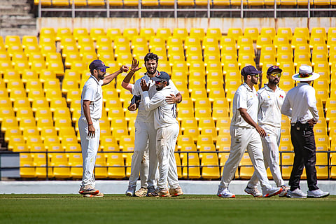 Ranji Trophy semi-final, Mumbai Vs Vidarbha: Mumbai's Shivam Dube celebrates after taking the wicket of Vidarbha's Yash Thakur
