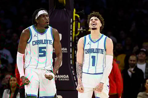 NBA 2024-25: Hornets guard LaMelo Ball (1) reacts after making a shot
