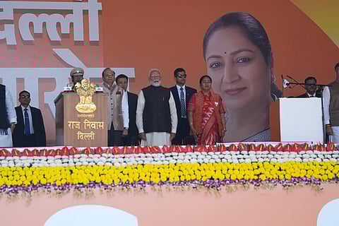Delhi govt. swearing-in ceremony: PM Modi with Delhi Lt Governor VK Saxena and Delhi CM-designate Rekha Gupta
