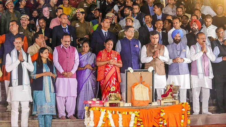 Newly sworn-in Delhi Chief Minister Rekha Gupta with BJP National Vice President Baijayant Jay Panda, state party President Virendra Sachdeva, Minister Parvesh Verma and others during Yamuna 'Aarti', at Vasudev Ghat in New Delhi, Thursday, Feb. 20, 2025 - PTI