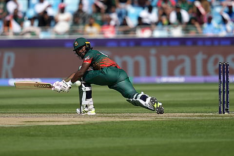 Champions Trophy 2025 Match 2, IND vs BAN: Bangladesh's Jaker Ali plays a shot
