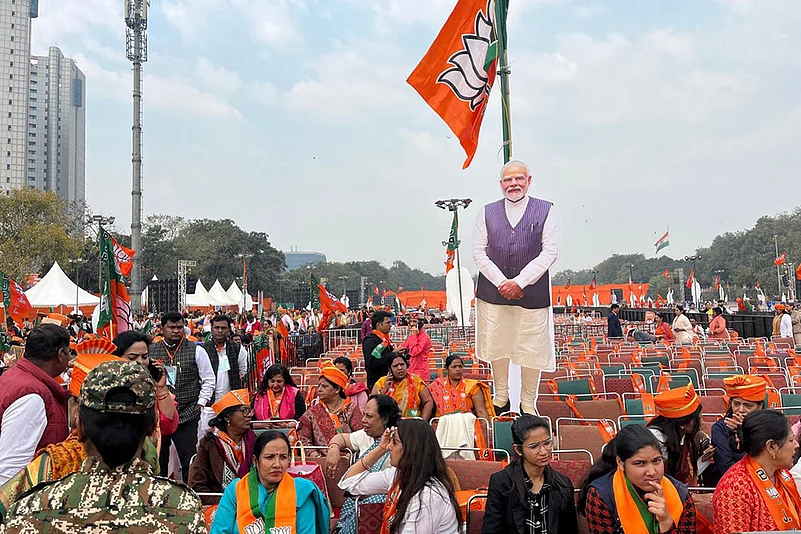 Delhi government swearing-in ceremony_ BJP supporters at Ramlila Maidan