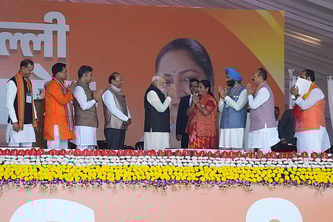 Delhi govt. swearing-in ceremony: Delhi Chief Minister Rekha Gupta and ministers with PM Modi