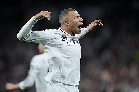 Champions League playoff second leg: Real Madrid's Kylian Mbappe celebrates after scoring the opening goal