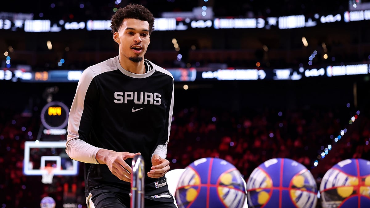San Antonio Spurs forward Victor Wembanyama participates in the 2025 NBA All-Star Skills Challenge in San Francisco.