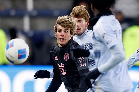 CONCACAF Champions Cup: Inter Miami midfielder Benjamin Cremaschi is pressured by Sporting Kansas City defenders
