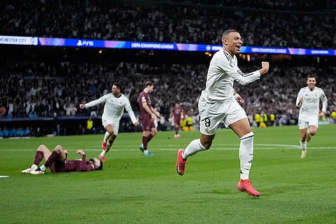 Champions League playoff second leg: Real Madrid's Kylian Mbappe celebrates after scoring his side's second goal
