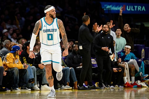 NBA 2024-25: Hornets forward Miles Bridges (0) reacts after making a 3-point shot