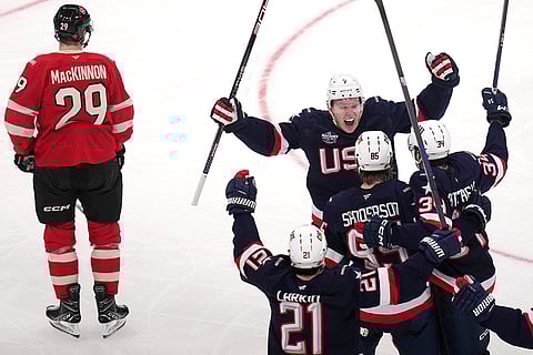 4 Nations Face-Off Final: United States' Jake Sanderson (85) is congratulated after scoring