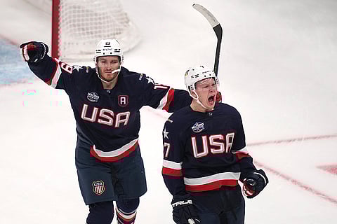 4 Nations Face-Off Final: United States' Brady Tkachuk, right, celebrates scoring a goal