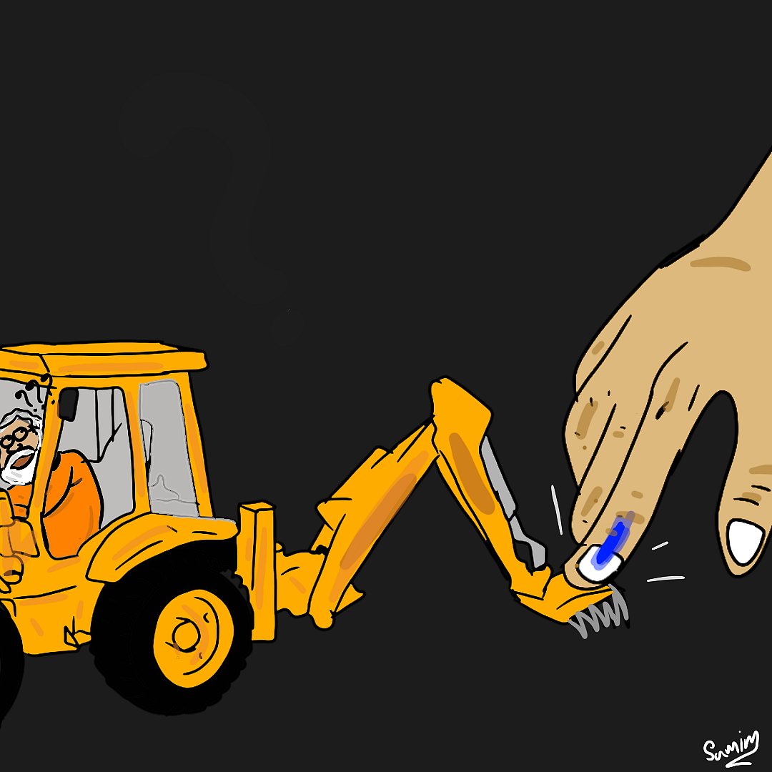 Political cartoon with Voting hand and construction vehicle 