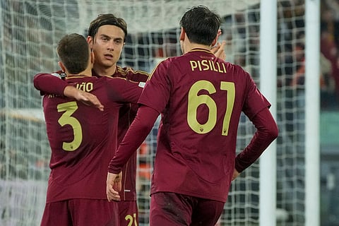 Europa League playoff second leg, Roma vs Porto: Roma's Niccolo Pisilli celebrates after scoring his side's third goal