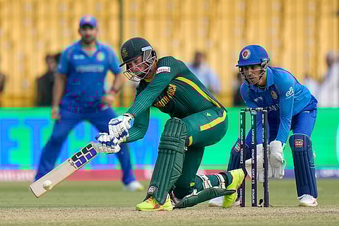 Champions Trophy 2025 Match 3, AFG vs SA: South Africa's Rassie van der Dussen, center, plays a shot